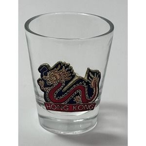 HONG KONG SOUVENEIR SHOT GLASS WITH METAL DRAGON DECOR